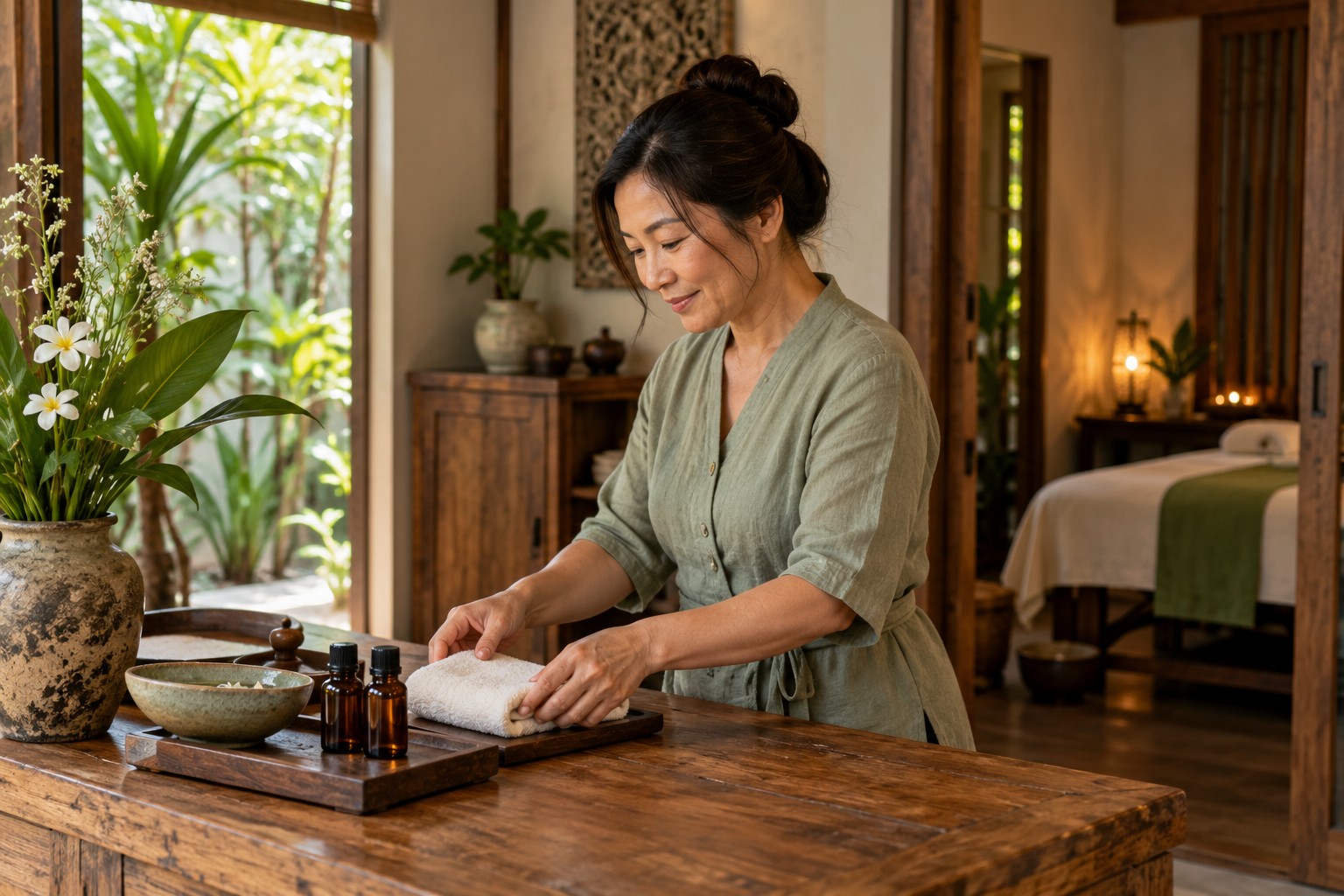 เจ้าของร้านเตรียมผ้าขนหนูและพื้นที่สปาอย่างใส่ใจ