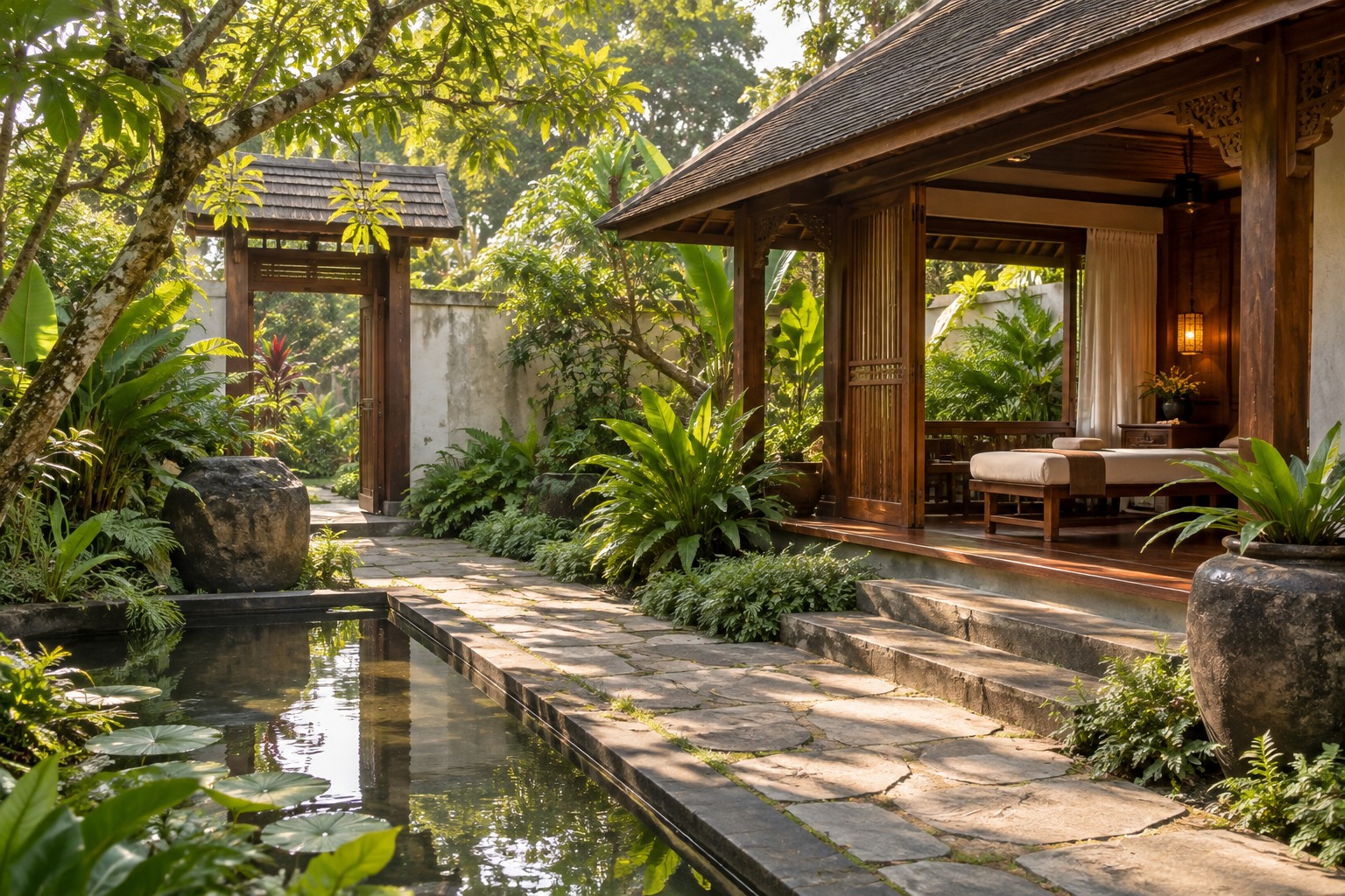 A peaceful tropical garden and timber pavilion